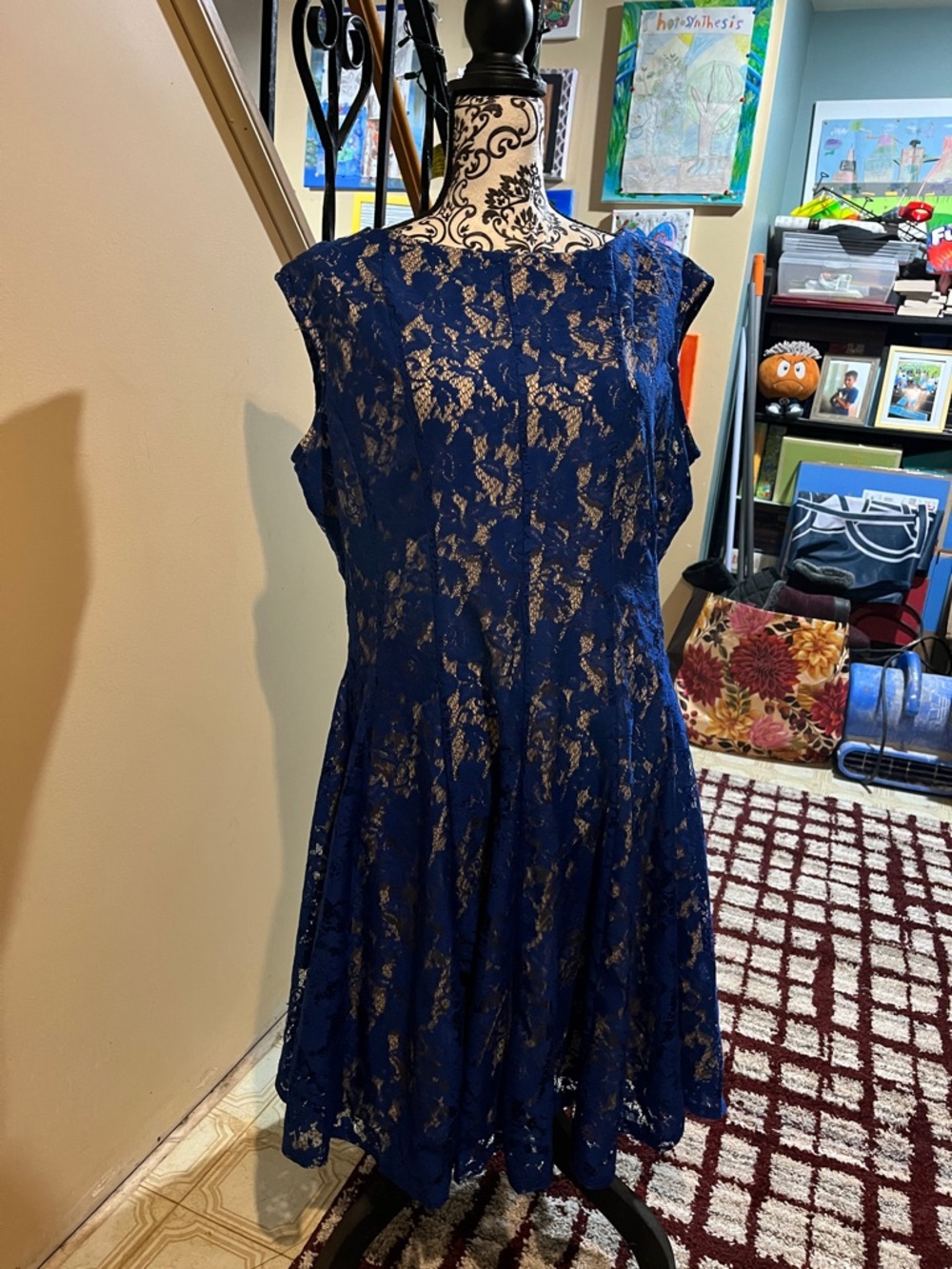 Danny & Nicole Navy Lace Midi Fit-and-Flare Dress